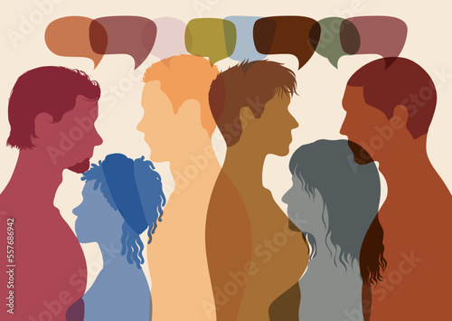 Communication and ideas are shared by many multi-ethnic people. A feeling of confusion. Population of diverse ethnicities. People talking in the crowd and people from different backgrounds.