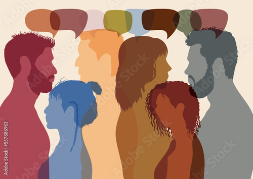 Utilize social networks for communication and sharing of information. Communicate with your community. People from different ethnicities talking and communicating in a profile.