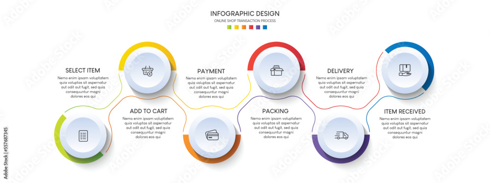 Fototapeta premium Process of online shopping with 6 steps. Steps business timeline process infographic template