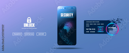 Authentication and login to the bank through mobile device. Payment business concept. Online banking, hack protection. Bank card with mobile phone