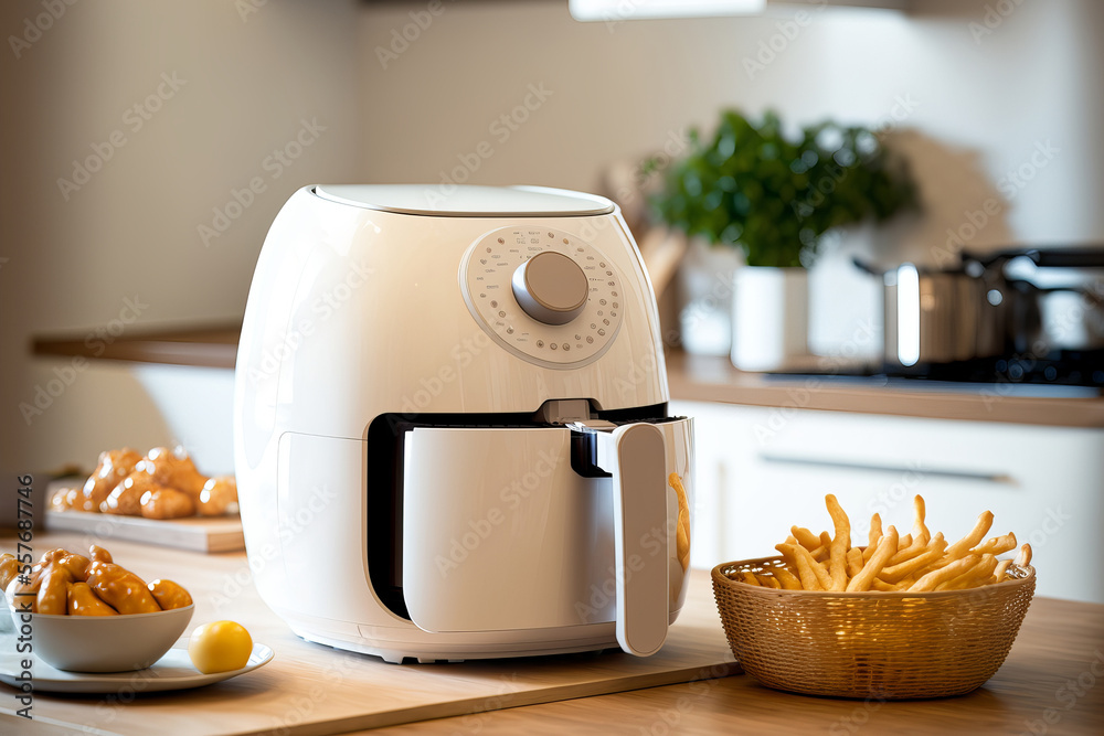 Air fryer or free oil machine with french fries on basket with small plant  and wooden table of the modern interior design kitchen, illustration created  by generative AI. ilustración de Stock