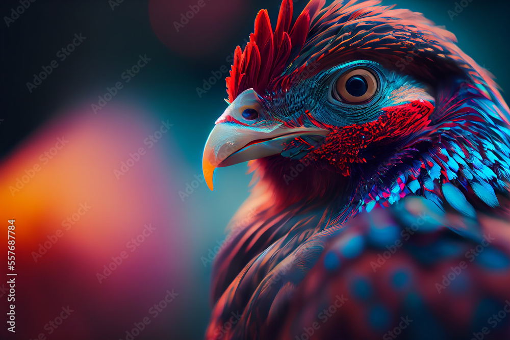Colorful rooster or hen chicken bird illustration created by generative AI.