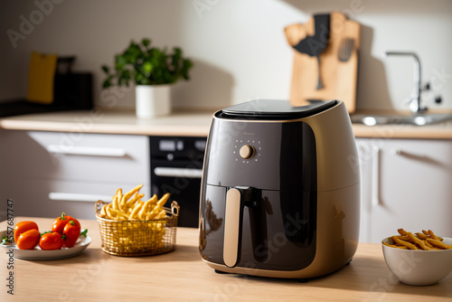 Black air fryer or oil free fryer appliance on the wooden table in the modern kitchen with fried fries and tomatoes on plates, illustration created by generative AI. photo