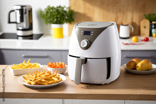 Air fryer cooking machine and french fries on wood table in the kitchen, illustration created by generative AI. photo