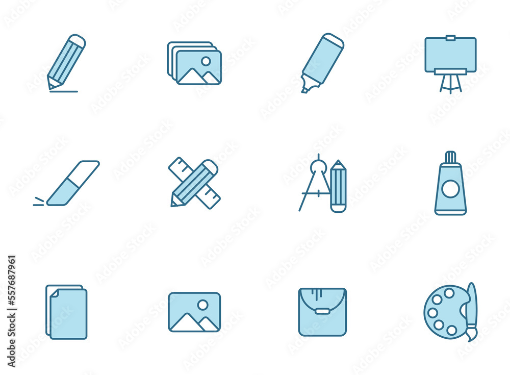 art tools line icons in two colors isolated on white background. art tools blue icon set for web design, ui, mobile apps, print polygraphy and promo business art tools line icons in two colors isolated on white background. art tools blue icon set for web design, ui, mobile apps, print polygraphy and promo business