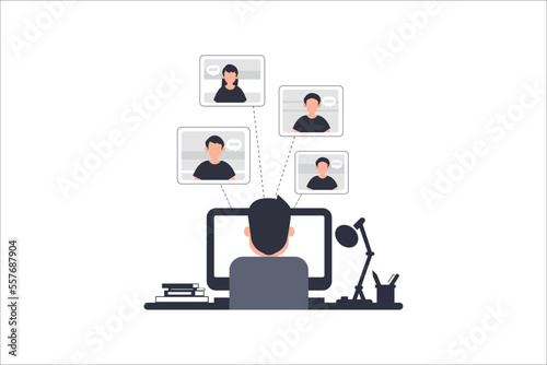 people connecting together, learning or meeting online with teleconference, video conference remote working on laptop computer, work from home and work from anywhere concept, flat vector illustration