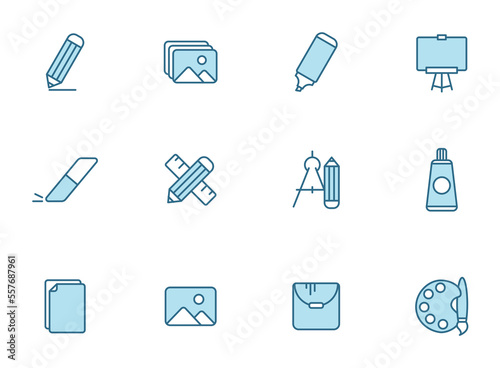 art tools line icons in two colors isolated on white background. art tools blue icon set for web design, ui, mobile apps, print polygraphy and promo business