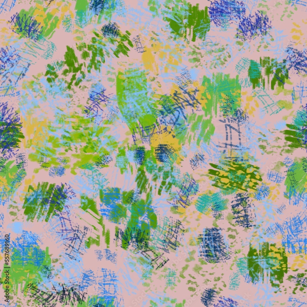 Seamless pattern of abstract elements in blue and green shades on a pink background for textile.