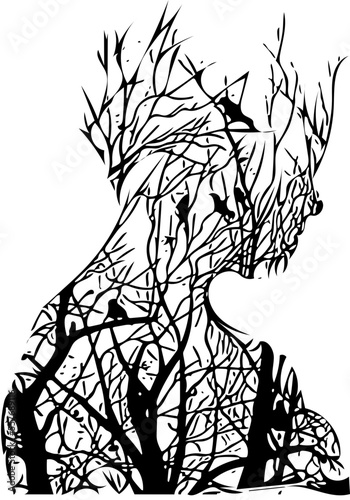 silhouette of a person in tree with birds