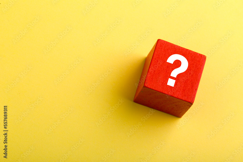 Red Block With Question Mark isolated On Yellow Red Block With Question Mark isolated On Yellow