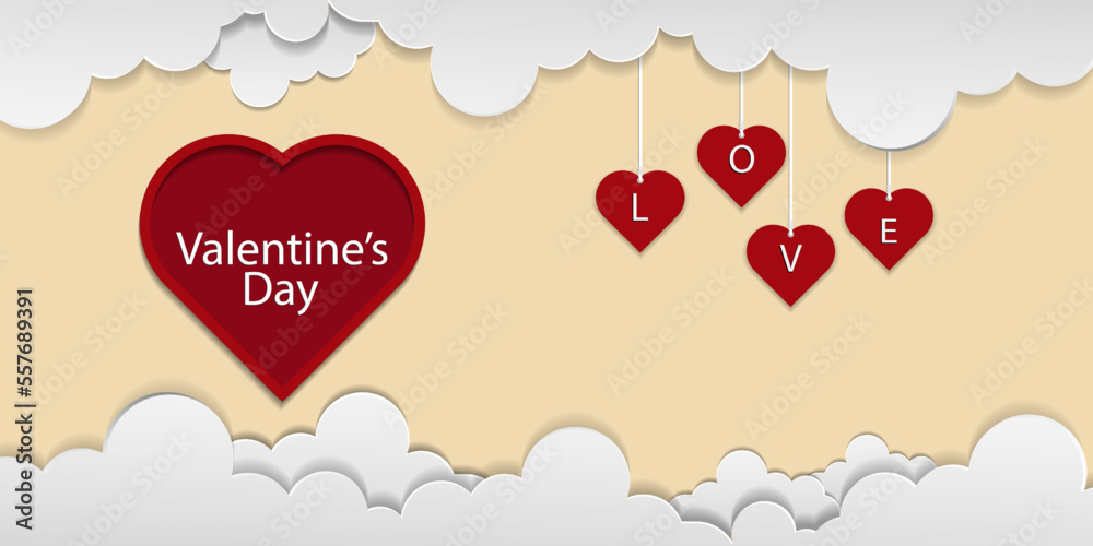 Red Heart paper cut on red background  with copy space for text ,Vector illustration for wallpaper ,Happy valentine’s day  background Concept 
