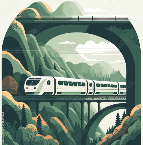 A train running through the mountains over a bridge