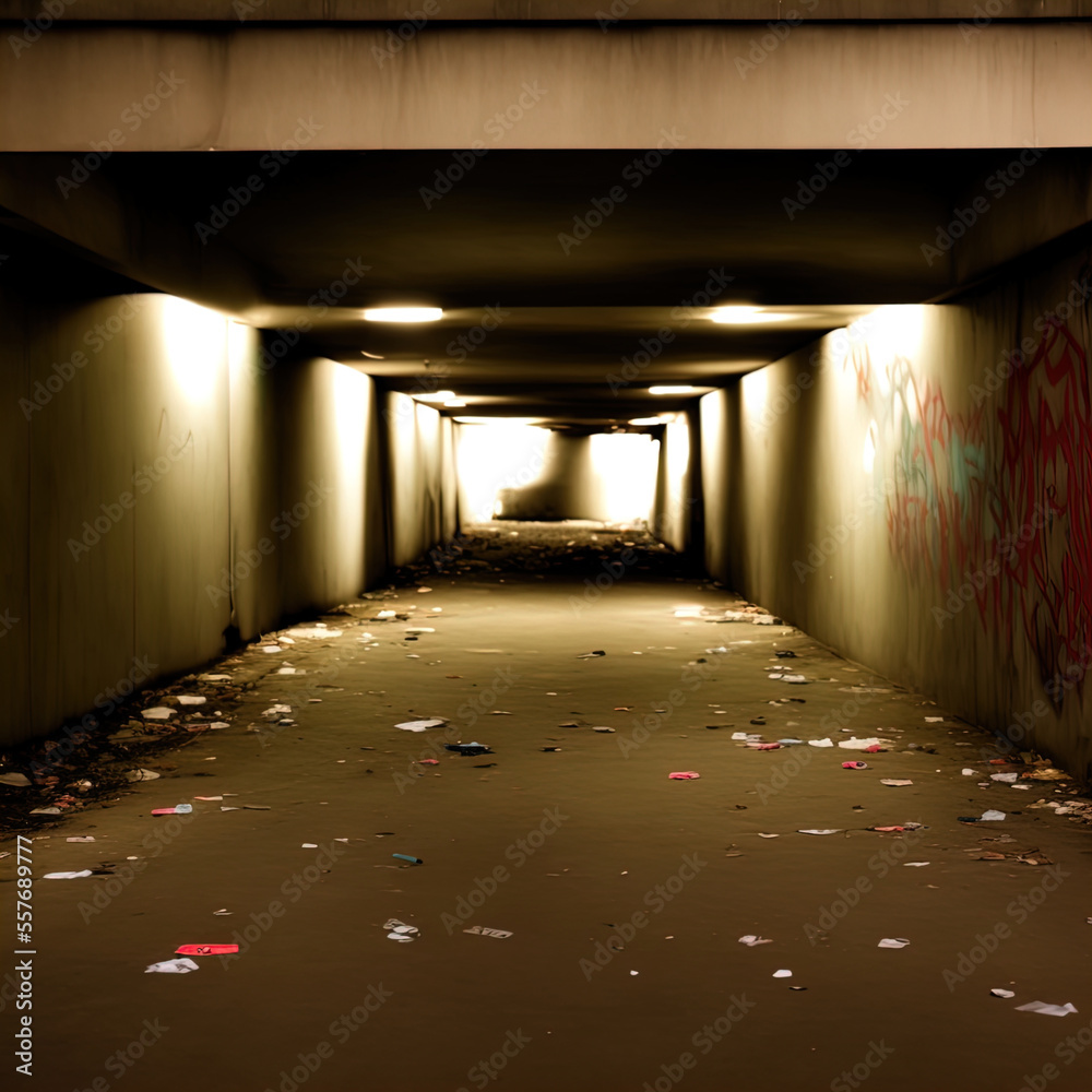 Naklejka premium A spooky empty underpass filled with graffiti and garbage. 