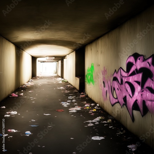 A spooky empty underpass filled with graffiti and garbage. 