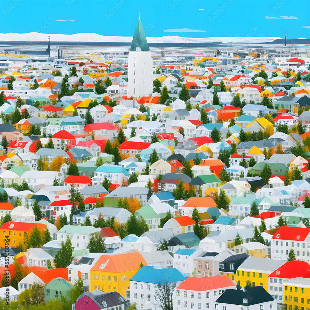 Historical sites Reykjavik Iceland colorful illustration 