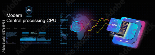 Microprocessor of the future. State of the art new generation CPU. Powerful computer chip. The process of transmitting and processing information. Electronics and technology
