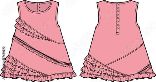 KID GIRLS WEAR FRILL DRESS FRONT AND BACK VECTOR