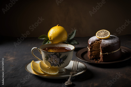 Tea with lemon and cake photo