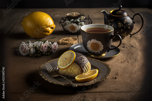 Tea with lemon and cake photo