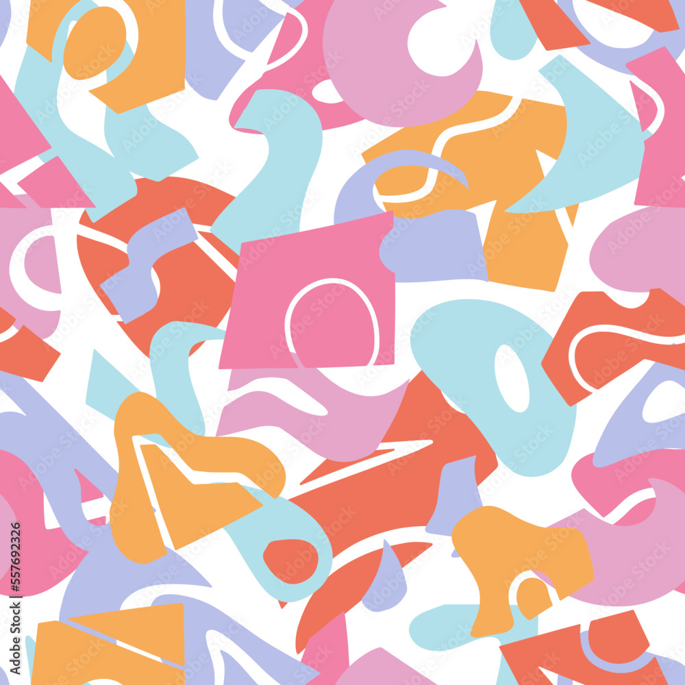 Abstract contemporary ornament. Vector seamless pattern of geometric cut out shapes and simple doodles. Design in pastel colors.