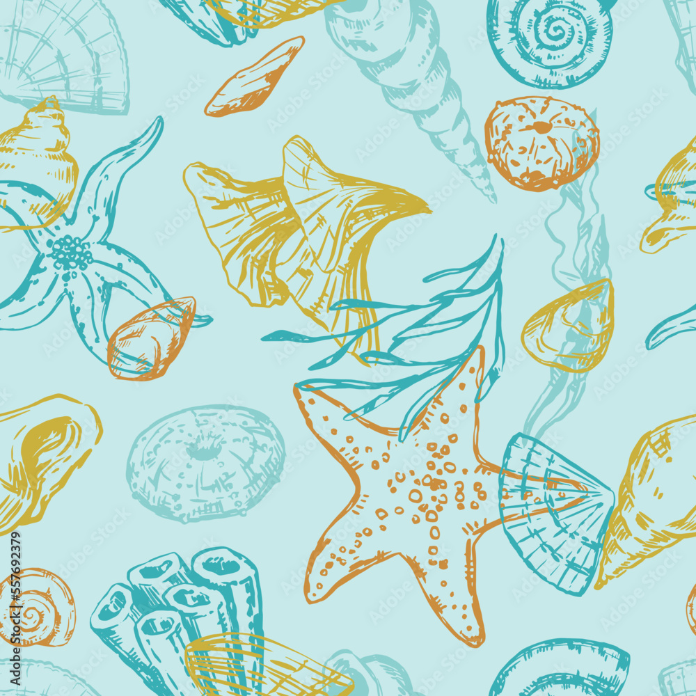 Abstract sea ornament. Sketches of starfishes, shells, stones, seaweed, coral. Vector seamless pattern of underwater life. Retro outline style design.