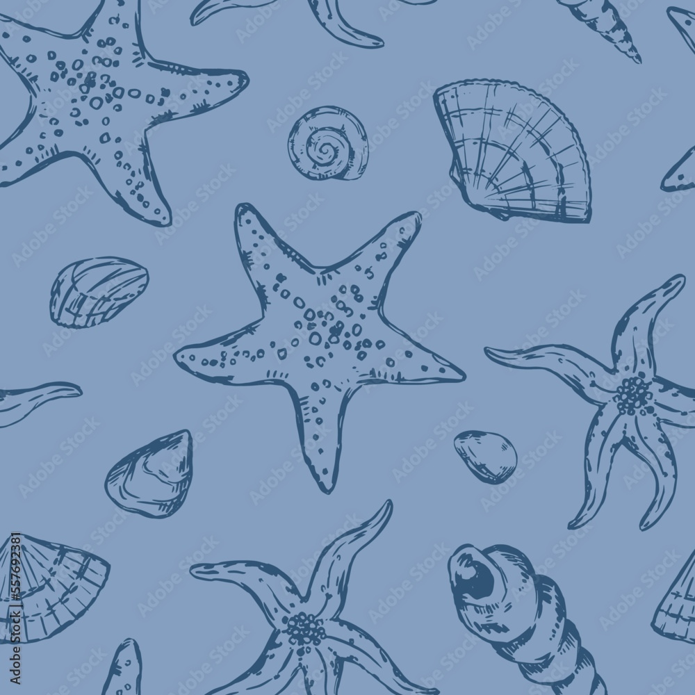 Abstract sea ornament. Sketches of starfishes, shells, stones. Vector seamless pattern of underwater life. Retro outline style design.