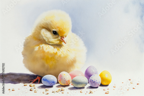 Easter chick surrounded by colourful eggs with a pastel watercolour effect which is useful for a yellow chicklet greeting card in spring, computer Generative AI stock illustration image