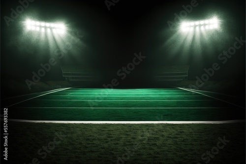 Green Football Field With Two Large Stadium Lights On It Generative AI