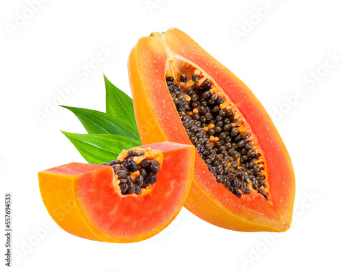 Piece of ripe papaya fruit with seeds isolated on transparent png photo
