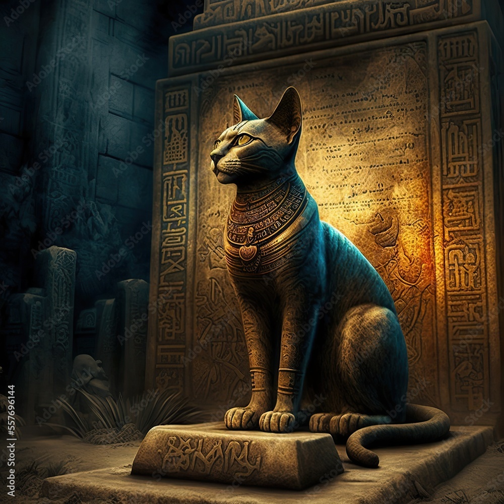 Scene of worship the divine god cat Egyptian hieroglyphs, created with ...