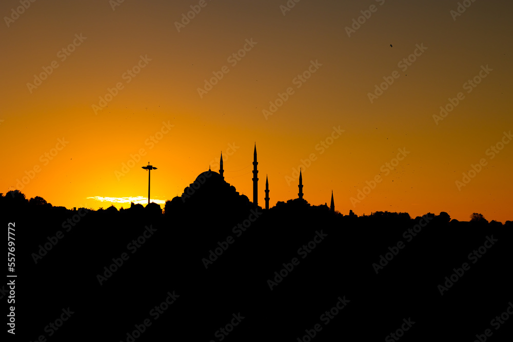 Islamic photo. Silhouette of Suleymaniye Mosque at sunset in Istanbul
