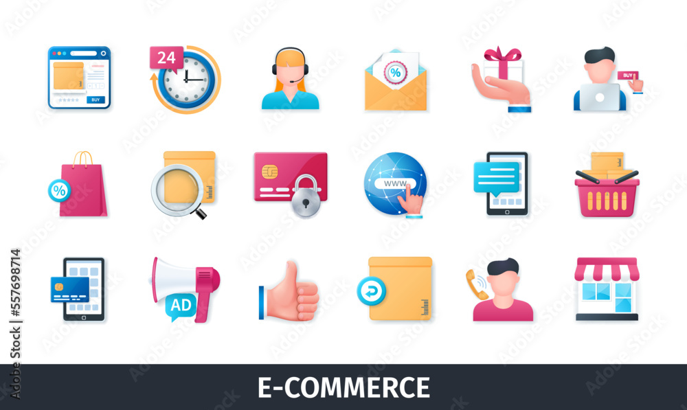 E-commerce 3d vector icon set. Finance, gift, support, internet, search, call, buying, marketing, credit card. Realistic objects in 3D style