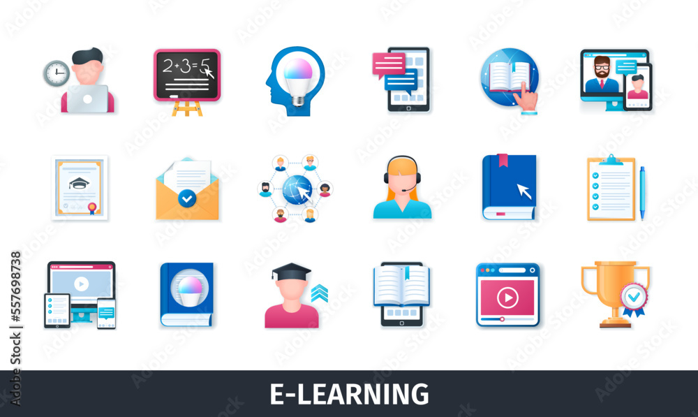 E-learning 3d vector icon set. Education, internet, email, book, online, devices, diploma, video lesson, support. Realistic objects in 3D style