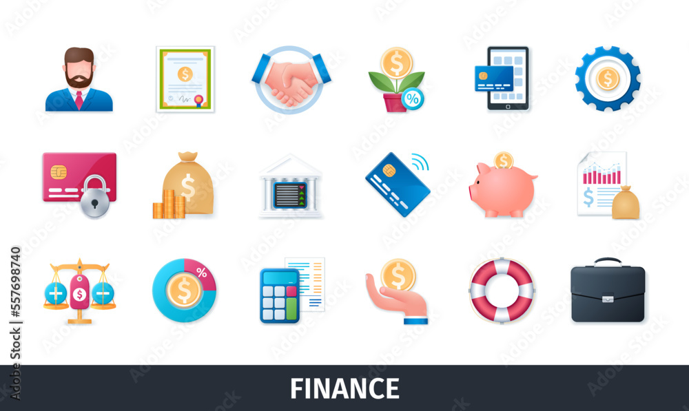 Finance 3d vector icon set. Commerce, payments, insurance, business, credit card, accounting, investment. Realistic objects in 3D style Finance 3d vector icon set. Commerce, payments, insurance, business, credit card, accounting, investment. Realistic objects in 3D style