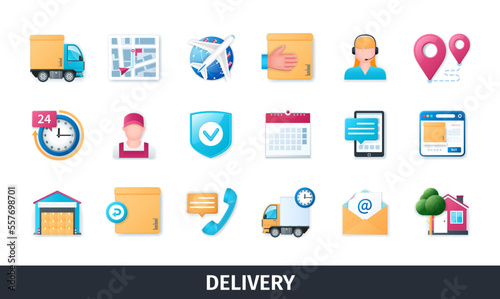 Delivery service 3d vector icon set. Commerce, plane, box, schedule, support, call, warehouse, email, map. Realistic objects in 3D style