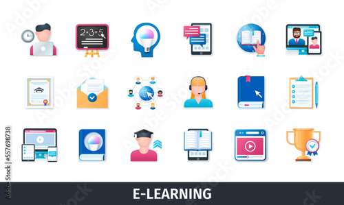 E-learning 3d vector icon set. Education, internet, email, book, online, devices, diploma, video lesson, support. Realistic objects in 3D style