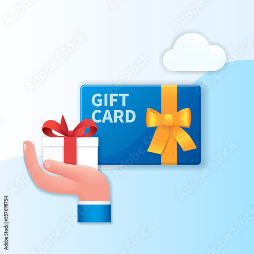 Gift card banner. Hand with gift box and gift card icons. Loyalty program and get rewards. Marketing program concept. Web vector illustration in 3D style