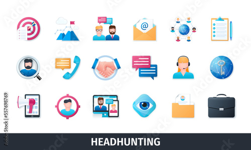 Headhunting 3d vector icon set. Handshake, email, information, candidate, recruitment, target, hire, call, support, search. Realistic objects in 3D style