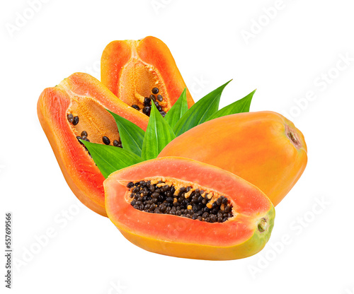 slice papaya with leaf isolated on transparent png
