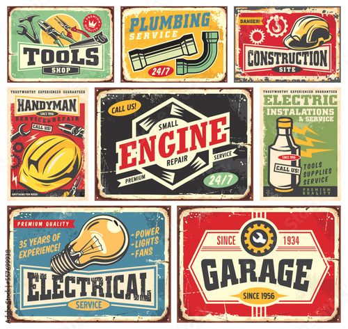 Tools, service and repair retro signs and posters collection on old paper and metal textures. Crafts and maintenance, plumbing, constructions and electrical work vintage advertisements set. 