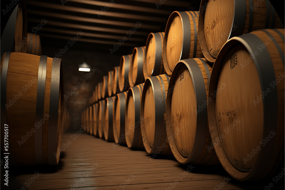 Wine or cognac barrels in the cellar of the winery, Wooden wine barrels in perspective. wine vaults. vintage oak barrels of craft beer or brandy,. Generated AI