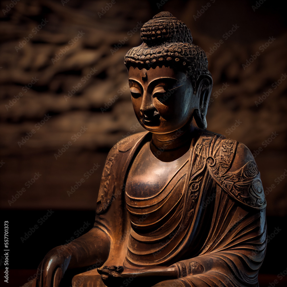 Buddha statue cast in bronze - generative ai