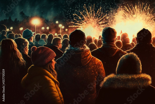  Illustration of silhouette crowd watching fireworks.  