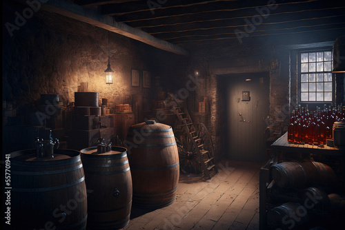 Whiskey distillery basement. AI