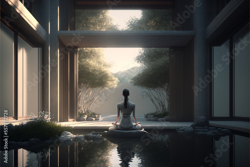 woman meditating. back view, Zen Architecture Residential. Generated AI