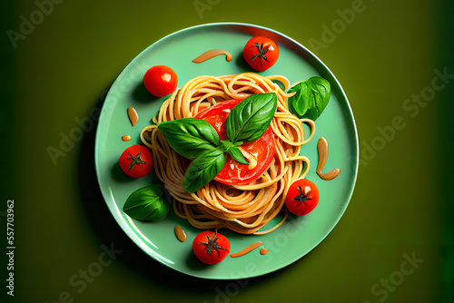 Fotografia Spaghetti with tomato and basil on green diet food