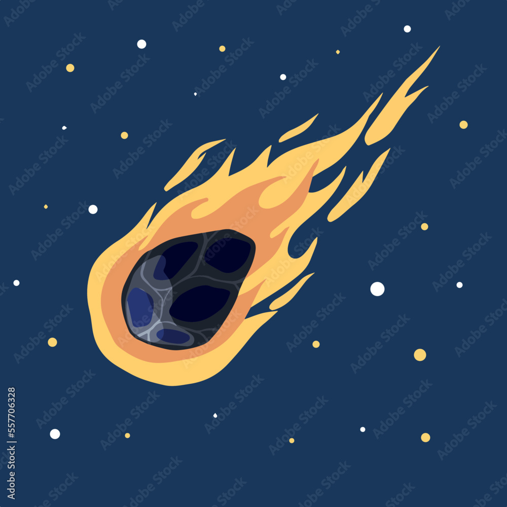 Fototapeta premium Flying asteroid, Burning comet on background of night sky. Astronomical object with tail vector design illustration. Dangerous space object