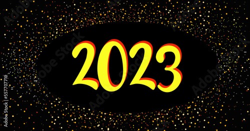  Golden glitters on a black background illustration with oval  space for message: 2023