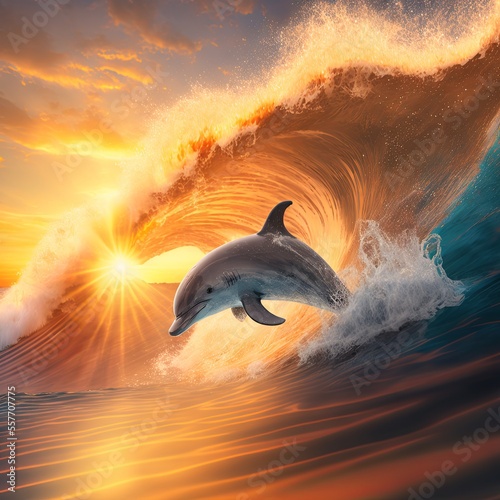 3d computer generated art of a dolphin jumping out of the sea at ocean wave © ern