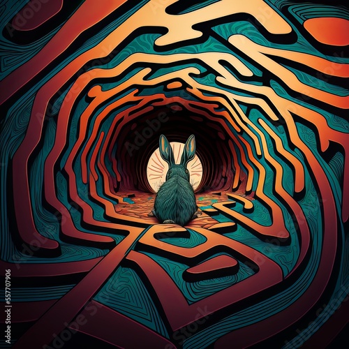 Illustration of a white rabbit in the labyrinth. Concept of down the rabbit hole.